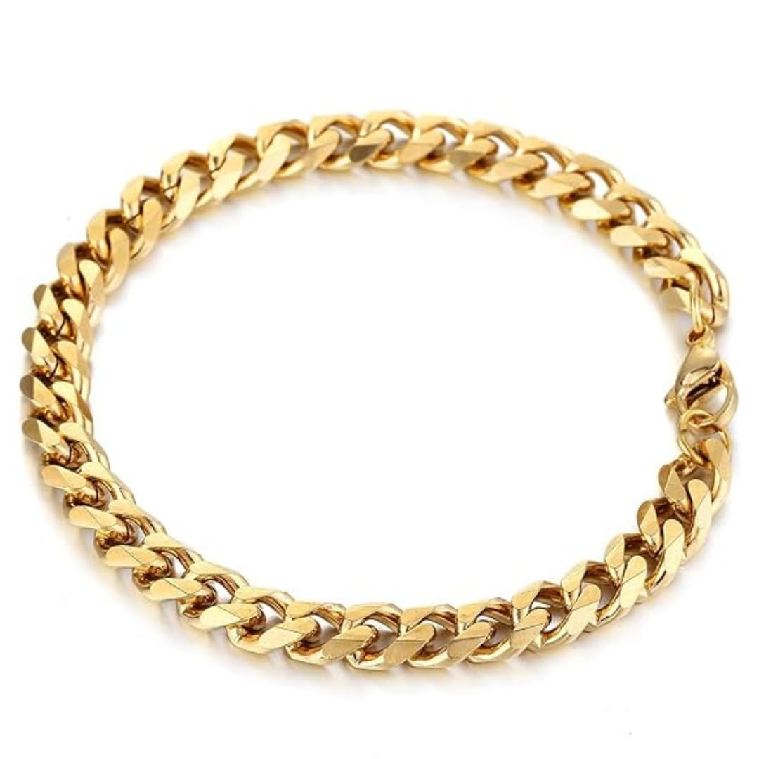DVRK Pulsera Oro Hombre de 7 mm bañada en Oro 18k con Base de Acero Inoxidable 316L - Pulsera Oro Hombre Eslabones - Pulsera Hombre Oro 18k (19 y 21 cm)