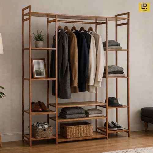 Image of LEOPAX Natural Bamboo Multipurpose 3 Layer Clothing Garment Rack Free Standing Clothes Coat Hanger, Portable Wardrobe Closet Organizer (Size - 140x30x150cm)