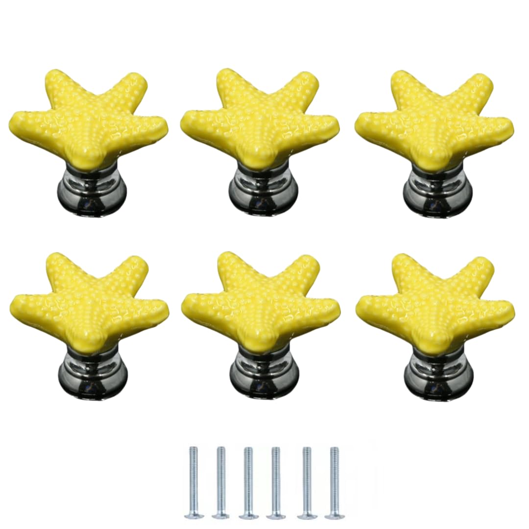 ENmrfvkz Ceramic Cupboard Drawer Handle Knobs, Ceramic Starfish Knobs for Cabinet Drawer Door, 6 Pcs, Multicolor, 34x24mm(Unique Colour)