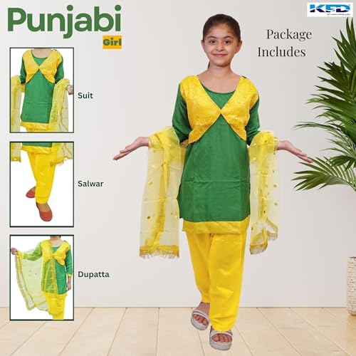 Image of Kaku Fancy Dresses Polyester Indian State Punjabi Folk Dance Costume for Kids /Salwar Suit with Dupatta For Girl Costume - Green & Yellow, 3-4 Years