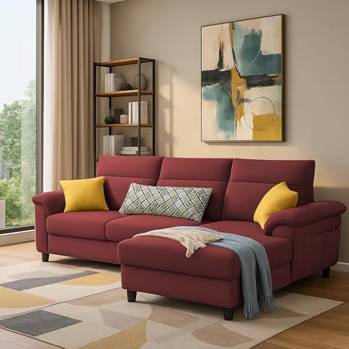 Image of Casaliving Seams RHS 4 Seater L Shape Sofa for Living Room (Maroon Fabric) Premium Fabric Sofa