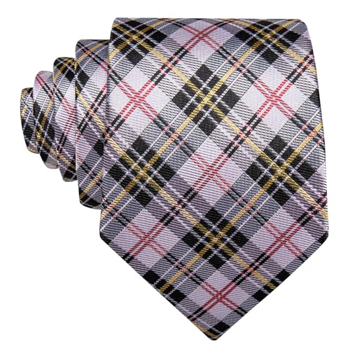 Image of Barry.Wang Plaid Ties Mens Silk Necktie and Tie Clip Checkered Tie for Wedding Party Business Formal