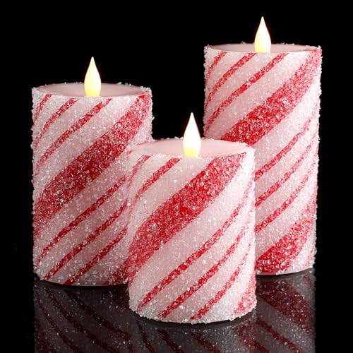 Image of Baquler 3 Pcs Christmas Flameless Candles Pastel Candy Cane LED Pillar Candle Peppermint Glitter Red and White Battery Operated Candlestick for Xmas Party Holiday Table Home Decoration(Thin Stripe)