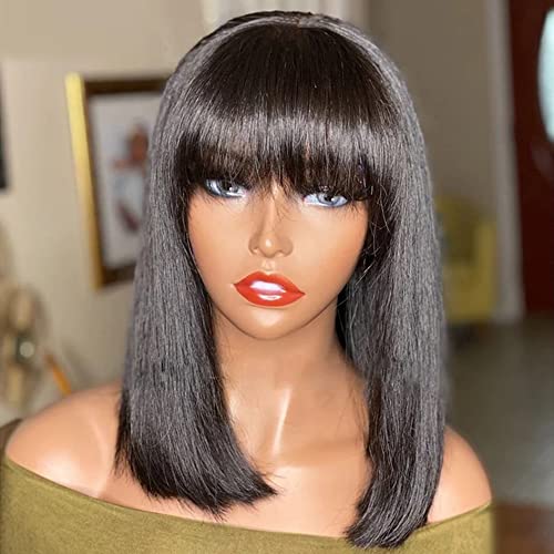 Short Bob Human Hair Wigs with Bangs, Brazilian Straight None Lace Front Wigs Human Hair 130% Density Glueless Machine Made Wigs For Women Natural Color (14 Inch)