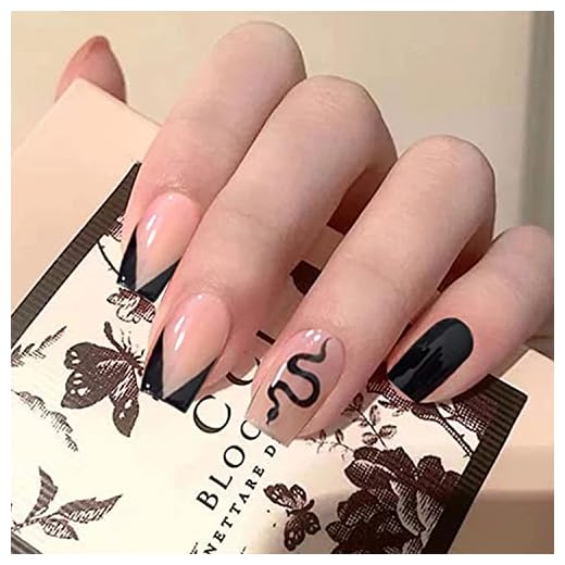 Black French Tips Press On Nails Medium Coffin Fake Nails Full Cover Black V-shaped Snake Nail Designs For Women Girls Reusable With Paste Tool Set 24Pcs