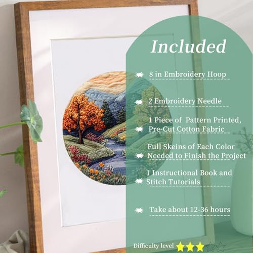 Image of FONNUY Embroidery Kit for Beginners, Boho Nature Landscape Pre-Stamped Pattern Kits for Adults with Hoop, Easy to Follow Color Thread Needlework, 8'' Hoop (Mountain Trail)