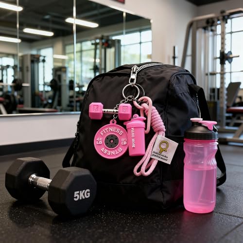 Colorful Fitness Keychain Set - Silicone Dumbbell/Sport Bottle Charm, Metal Clasp, Nylon Lanyard, Gym Bag Accessory, Workout Gift (Pink) - image 9