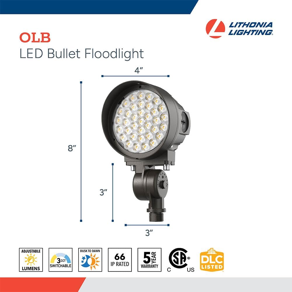 Lithonia Lighting 36-in-1 OLB LED Floodlight Outdoor Light Fixture, Waterproof LED Outdoor Lights, Adjustable Brightness, Warm/Cool/Daylight Options, Switchable Beam Spread, Dusk to Dawn Sensor