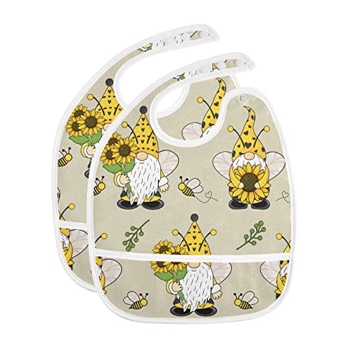 Image of MCHIVER Gnomes Bees Sunflowers Baby Bibs for Infant Boy Girl Waterproof Feeding Bib Apron with Food Cather Adjustable Cotton Food Eating Bib 2 Pack
