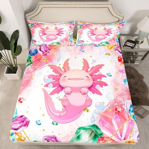 Kawaii Axolotl Fitted Sheet Queen,Dreamy Pink Diamond Sequin Art Bed Sheets 3 Pieces(No Flat Sheet),Lovely Animals Kids Girls Bedding Set for Kids Adults,3D Colorful Crystals Deep Pocket Sheet