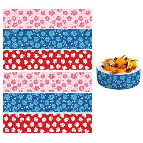 6pcs Edible Hawaiian Cake Decorations, 3 Style Edible Cake Borders Strips for Even Baking Pans with Hibiscus Flower and Palm Leaves for Cartoon Birthday Party Supplies
