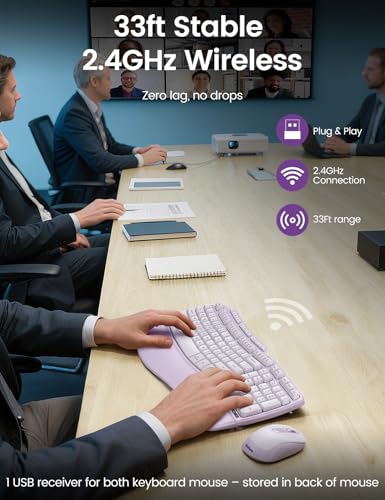 Image of Purple MA31 Ergonomic Wireless Keyboard and Mouse Combo, Full Size Wave Key | Memory Foam Leather Wrist Rest, Stable 2.4GHz Wireless, 6-Button Mouse, USB-A /USB-C Adapter for Office Computer Laptop Tablet