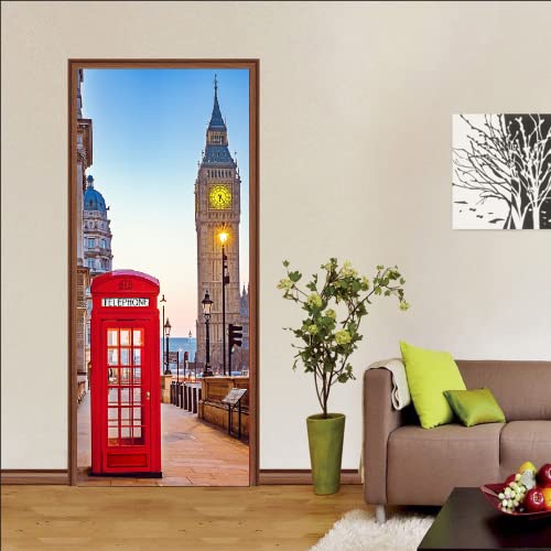 Door Sticker Decal Removable Peel And Stick Wallpaper, London Red Phone Booth And Big Ben Building Wall Mural For Door Art Decor #TOP2