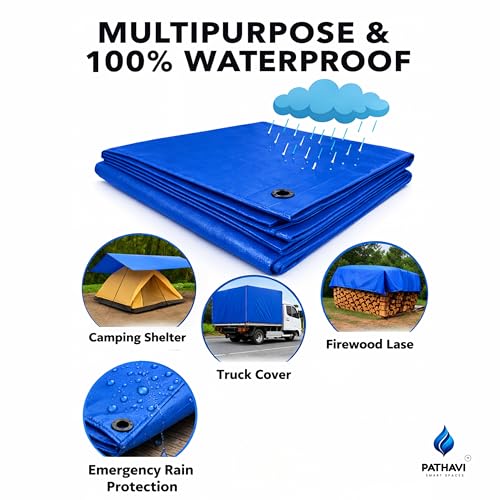 Image of Premium 9x6ft Blue Tarpaulin, Thadika, 120 GSM Virgin Tharpai Sheet, Heavy Duty Waterproof Tadpatri Cover with Reinforced Eyelets & UV Protection, Ideal for Trucks, Farms, HomeUse, 1 Sheet