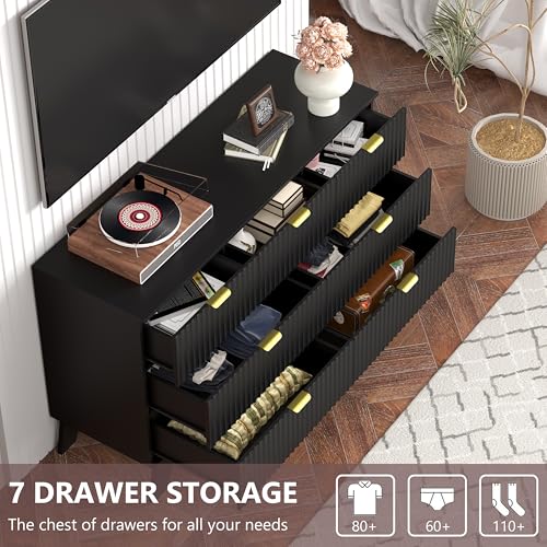 Image of Black Dresser 7 Drawer Dresser for Bedroom, 47''W Fluted Wooden Dresser Storage Cabinet and Chest of Drawers with Metal Handle, Storage Organizer for Living Room, Hallway, Entryway