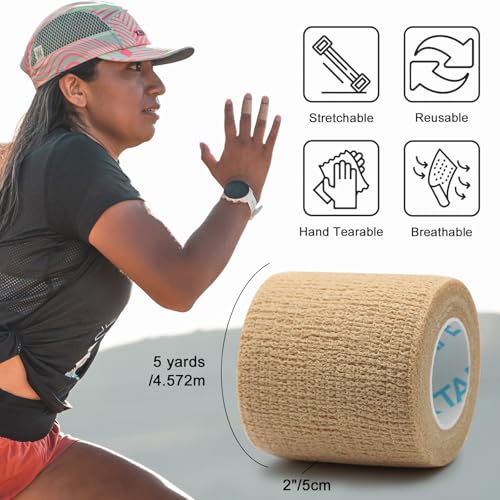 Image of OK TAPE Self Adherent Cohesive Bandages Wrap 24Packs 2 inch x 5 Yards | Non-Woven Self Adhesive Athletic Sports Wrap Tape Vet Wrap Bandages Tape for Thumb Finger Wrist Ankle (Beige)