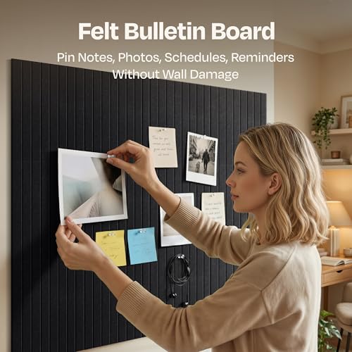Image of X-Large Cork Board Alternative 12-Pack Felt Bulletin Board Thick and Decorative Pin Board for Home Office Walls 47.24 x 35.43 Inches with 72 Adhesive Tabs - [Deep Black]