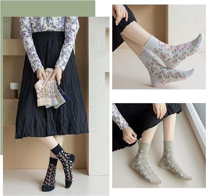 HOMSSEM Floral Crew Socks – 5Pair Flower Graphic Soft Cotton Socks for Women, Teen Girls – for Sandals, – Cute Vibrant Colors - Image 7