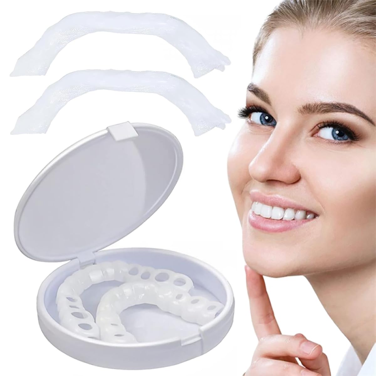 Dazzluxe Temporary Whitening Teeth Veneers, 2 Pairs Comfort Cosmetic Upper and Lower Fake Teeth Braces, Instant Dentures Veneers Smile False Teeth, One Size Fits Most People