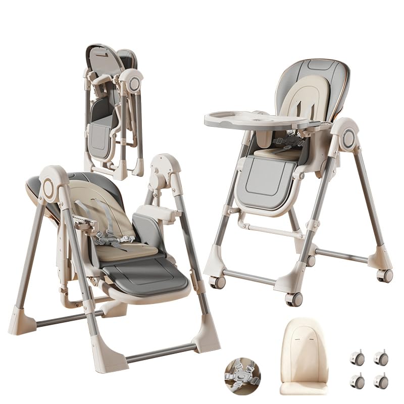 Chaise Haute Bébé Pliable en Cuir PU avec Fonction Balancelle - 6 Hauteurs, 3 Positions...