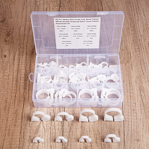 Zovfam 0528BSKK8Z60P 60 Pcs Heavy Duty Snap Grip Hose Clamps 8 Kinds White Double Gripping Nylon Hose Clamps Assortment Kit thumb #3