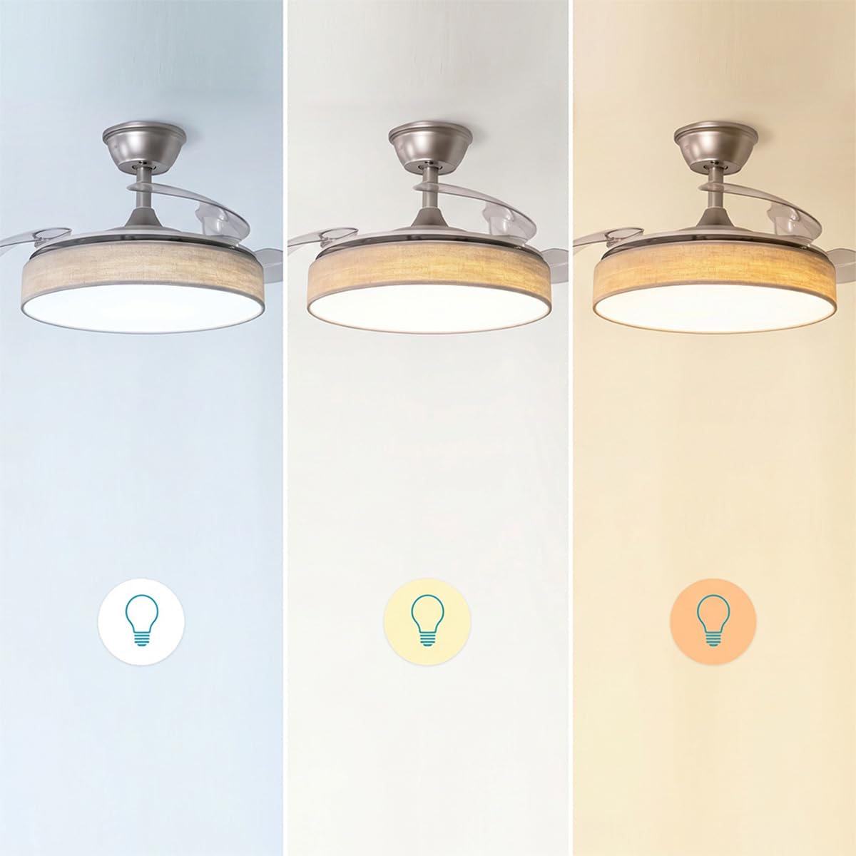 Cecotec Ventilatore da Soffitto con Luce con 3 Pale Retrattili EnergySilence Aero 3666 Invisible Textile. 30W, Motore DC, Diametro 36", 3 Toni LED, Telecomando, 6 Velocità, Timer, Design In Tessuto