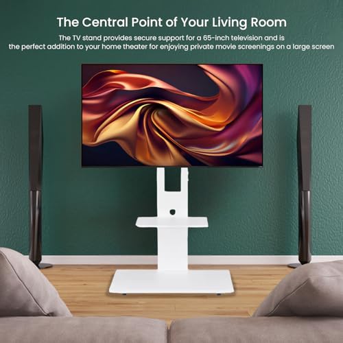 Image of Height Adjustable Floor TV Stand for 32-55 Inch LED Smart TVs, Sleek White Wood & Metal Design, Universal TV Stand for Living Room and Bedroom, Square