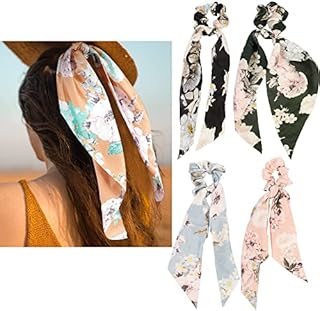 5 Pcs Satin Bowknot Hair Scrunchies Floral Hair Band Elastic Hairbands Hair Scarf Scrunchies Ponytail Holder Hair Accessories for Women Girls