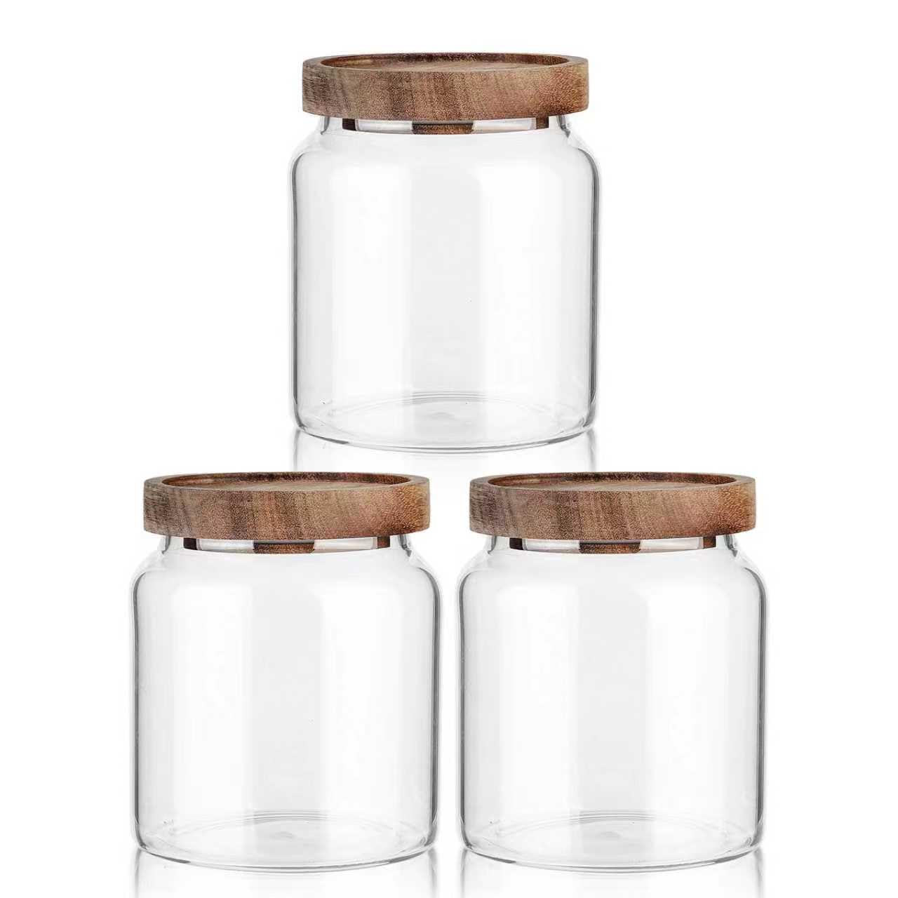 Labina Tarros de vidrio con tapa de madera, 3 unidades de 600 ml, envases de vidrio de boca ancha herméticos para azúcar, galletas, espaguetis, frutos secos y dulces