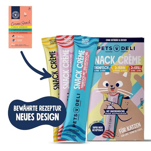 Pets Deli Multipack Cremesnack für Katzen mit Huhn, Thunfisch und Krill ohne Gluten und Zucker 8 x 90g