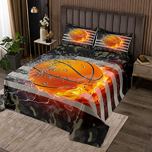 Erosebridal Basketball Bedspread, Camouflage Coverlet Set Twin for Kids Boys Teens, American Flag Quilted Sports Games and Camo Bedspread Quilt Set, Decorative 2 Piece with 1 Pillow Case, Grey