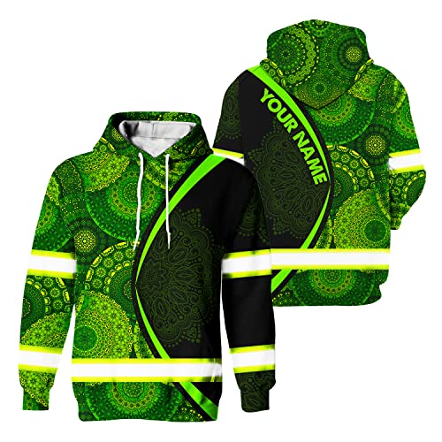 Matedecor Safety Hoodie Green Mandala Customize Name High Visibility Hoodie for Men Reflective Hoodie Hi Vis Hoodie Workwear for Runners, Walkers, Trucker, Operator, Patriotic-L