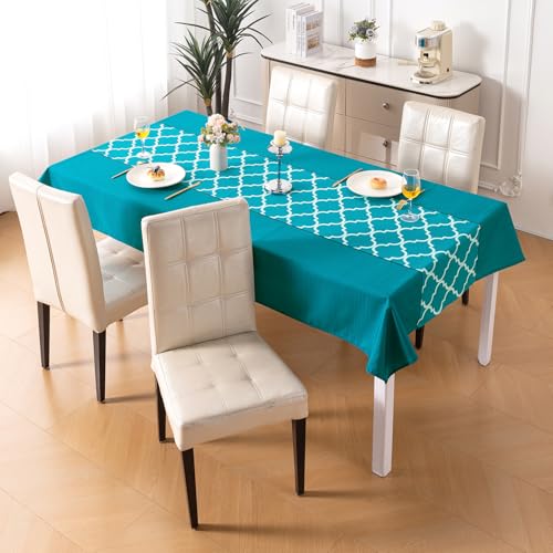 Image of HOKIPO Modern Grace Table Cloth for 4 Seater, 55x71 in, Aqua Trellis