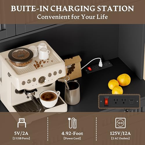 Image of BORNOON Pantry Cabinet with Charging Station and Light, Tall Kitchen Pantry Storage Cabinet with Microwave Stand, Wide Fluted Kitchen Hutch with Storage Drawers and Adjustable Shelves for Dining Room