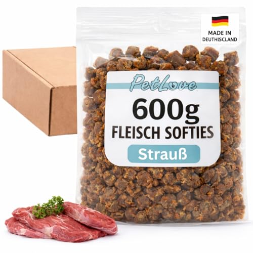 PetLove Fleisch Softies für Hunde • Hundeleckerli ohne Getreide • 63% Fleischgehalt • Hunde Leckerlis für Training • Strauß (3x200g)