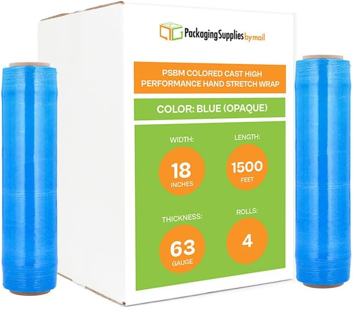 Hand Stretch Plastic Film Pallet Wrap, Blue 18" x 1500' x 63 Ga 4 Rolls (1 Case)