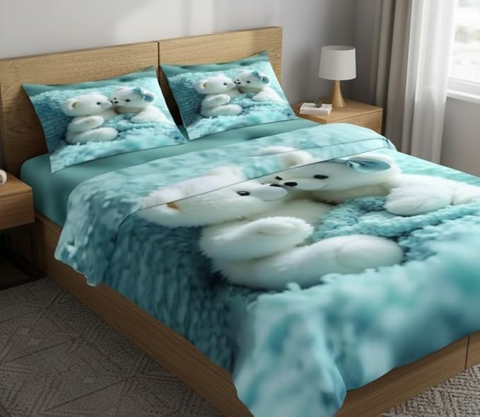 7D Premium Digital Print Glace Cotton Double Bedsheet with Pillow Covers | Soft, Wrinkle-Free, Elegant Bedroom Bedding Set (Blue Teddy)-image-14