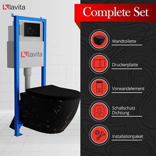Lavita LAV 101 Vorwandelement für WC 40cm + Wand Hänge Tiefspül WC SOFI SLIM FIRE Schwarz Spülrandlos + Bedienplatte LAV 200.4.4 Schwarz | Komplettset | Unterputz Spülkasten | Toilette Komplett Sett – Bild 4