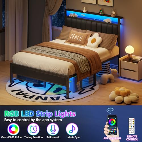 Image of Furnulem Queen Size Bed Frame with Charging Station and LED Lights, Platform Bed with Metal Slats, Grey Upholstered Headboard with 2-Tier Storage Shelves, No Box Spring Needed