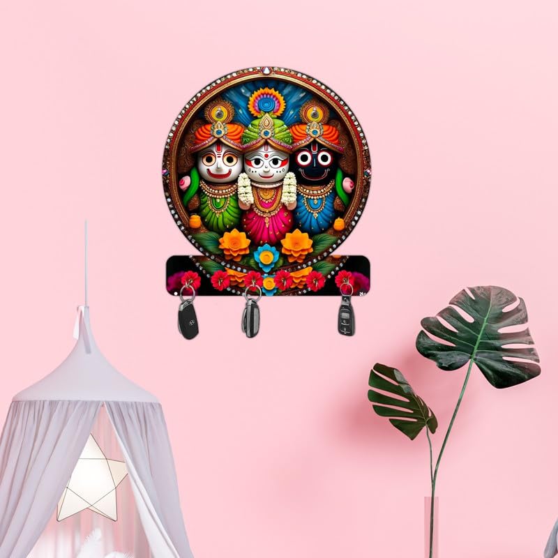 Millionminds Decorative Lord Jagannath Design Wooden Key Organizer Wall-Mounted Key Holder for Home Décor, Garage, Entryway, Home Organization, Keychain Hangers for Office, Gift Items (6 Hooks), PKH35-image-18