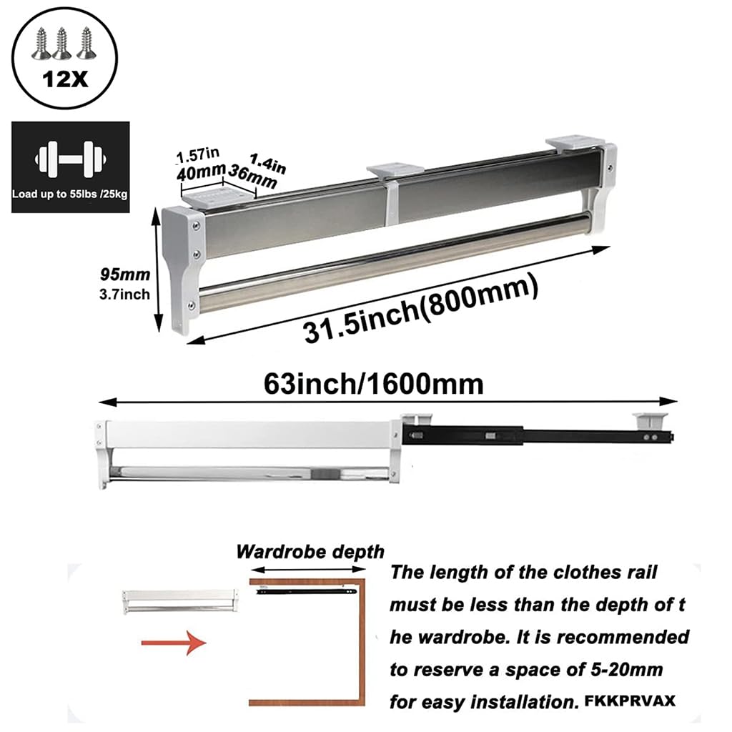 Wysuwany drążek na ubrania z 2 przesuwnymi prowadnicami, wysuwany drążek do szafy, regulacja 30–80 cm, wieszak na ubrania, nośność 25 kg, rozmiar: 800 mm