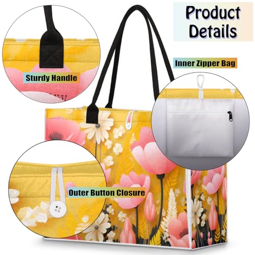 Pink Flower Yellow Plants Tote Bag for Women Large Beach Bag Reusable Tote Bags for Work Travel Beach Shopping4