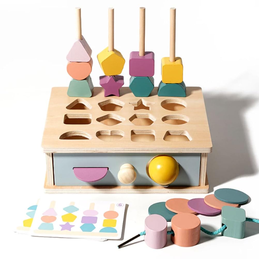 Juguete apilador Montessori Multifuncional de Madera para clasificar Formas | Tablero Clavijas Correspondencia Geométrica con Cajón y Cuentas Enhebrar, Juguete Educativo Reconocimiento