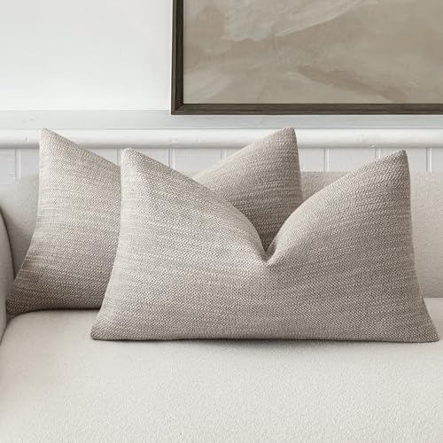 Image of Foindtower Set of 2 Decorative Textured Burlap Linen Throw Pillow Covers Farmhouse Boho Lumbar Cushion Cover Solid Accent Pillowcase for Couch Sofa Bed Living Room Home Decor,12x20 Inch,Light Grey