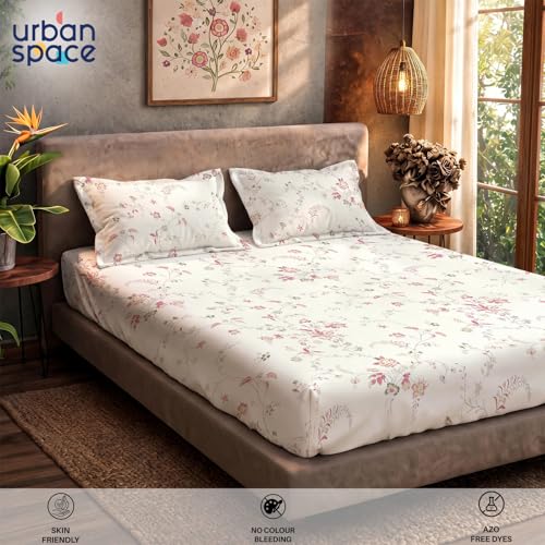 Image of Urban Space Serene 100% Cotton Bedsheet for Double Bed, Floral Queen Size Bed Sheet with 2 Pillow Covers (88 x 100 Inches, Bloom Pearls Pink)
