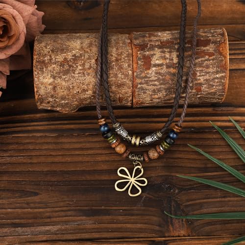 Mikovivi Mehrlagige Boho Halskette mit Holzperlen, Bohemian Hippie-Stil Halskette mit Hohlem Blumenanhänger Vintage Schmuckaccessoires im Ethnischen Stammesstil für Damen und Herren