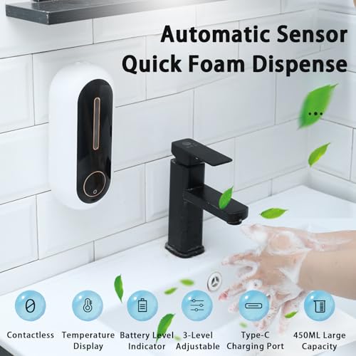 Image of Automatic Soap Dispenser, Smart Wall-Mounted Foam Soap Dispenser with Temperature Display & Long-Last Battery, 450ML Large Capacity, 3 Modes for Kitchen Sink and Bathroom (Blackwhite)