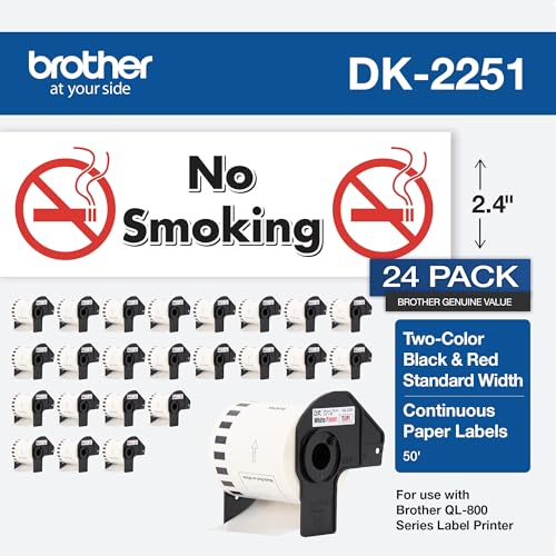 Image of Brother Genuine DK-225124PK Continuous Length Replacement Labels, Black /Red Label on White Paper Tape, Engineered with Excellence, 2.4 inch x 50 feet, (24) Rolls per Box (DK225124PK)