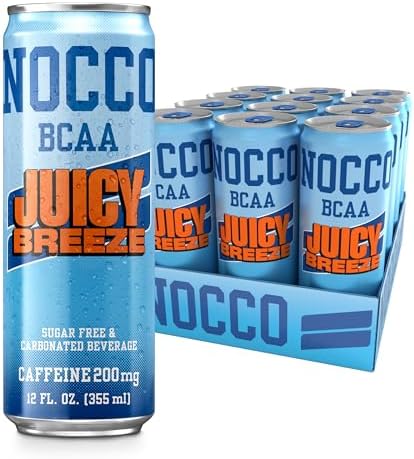 NOCCO Zero Sugar Energy Drink, Juicy Breeze - 12 Fl Oz (Pack of 12) - 200mg Caffeine, Sugar Free, BCAAs - Branched Chain Amino Acids, Carbonated & Low Cal, B Vitamins, Grab & Go Performance Beverage