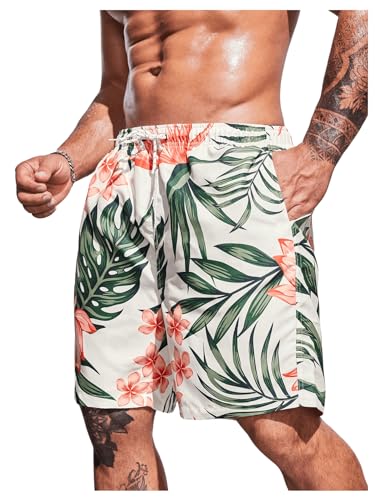 Men's Plus Size Tropical Print Elastic High Waist Casual Boho Shorts Drawstring Waist Swim Trunks